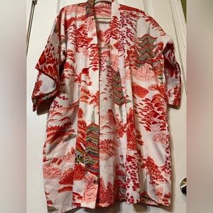 Red and White Scenic Printed Kimono Robe